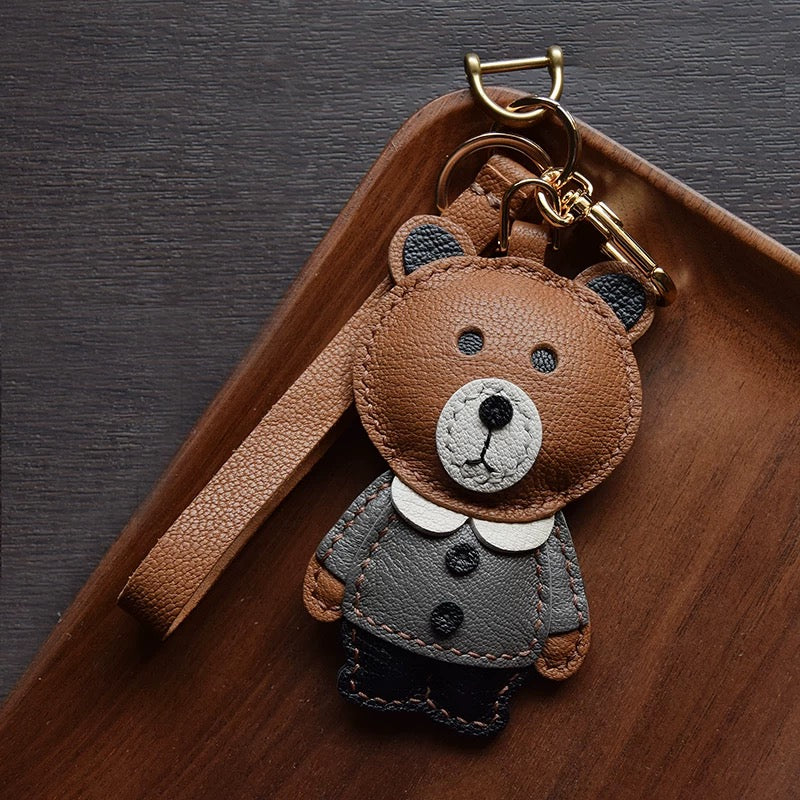 【SuperHold 】Brown bear handmade leather car key bag pendant simple birthday gift cute with decoration female