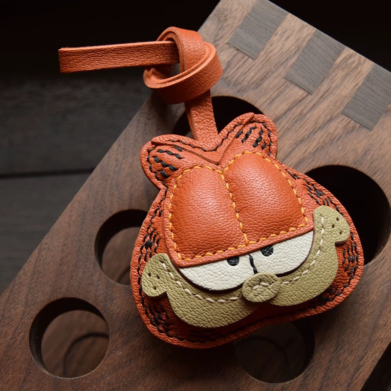 【SuperHold 】 Cartoon Orange Cat Fur Leather Car Keychain Pendant Handmade Creative Rearview Mirror Decor Gift for Women