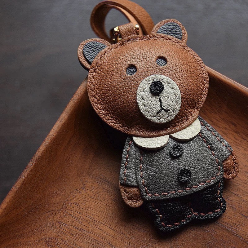 【SuperHold 】Brown bear handmade leather car key bag pendant simple birthday gift cute with decoration female