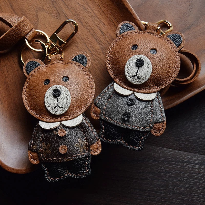 【SuperHold 】Brown bear handmade leather car key bag pendant simple birthday gift cute with decoration female