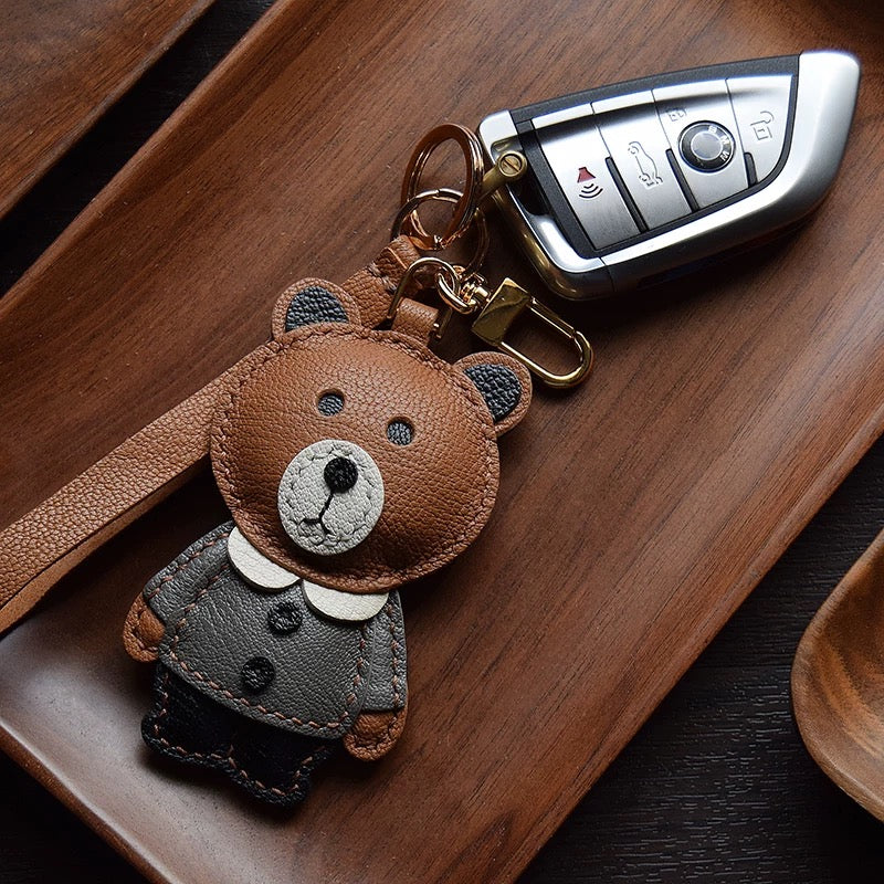 【SuperHold 】Brown bear handmade leather car key bag pendant simple birthday gift cute with decoration female