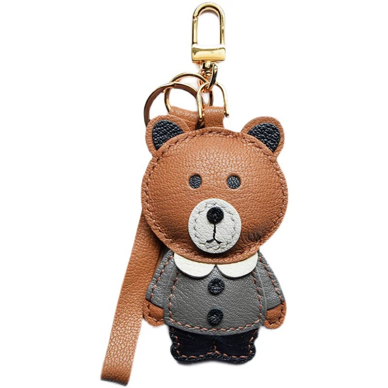 【SuperHold 】Brown bear handmade leather car key bag pendant simple birthday gift cute with decoration female