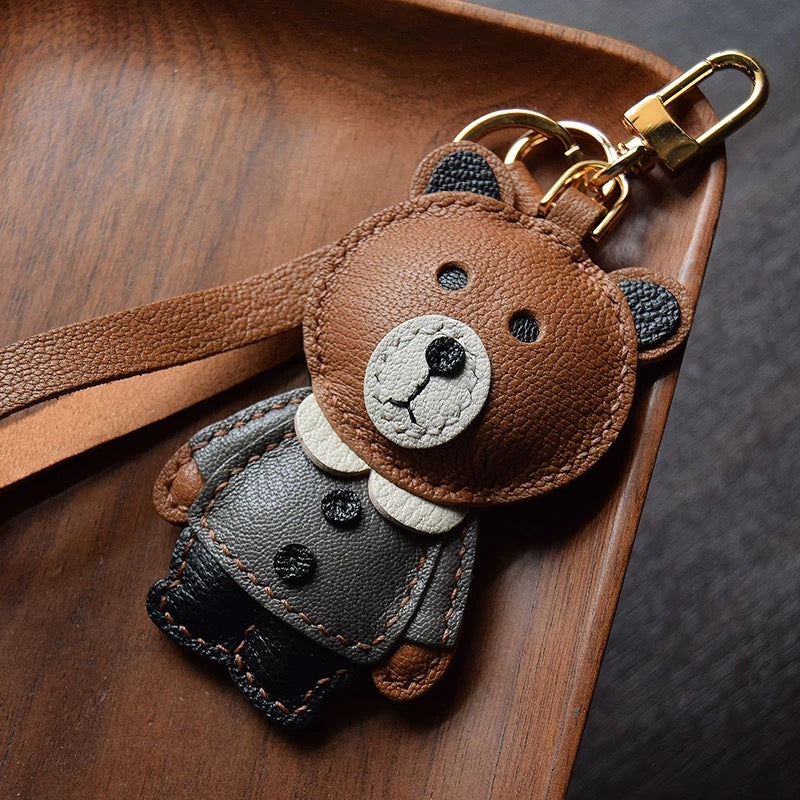 【SuperHold 】Brown bear handmade leather car key bag pendant simple birthday gift cute with decoration female