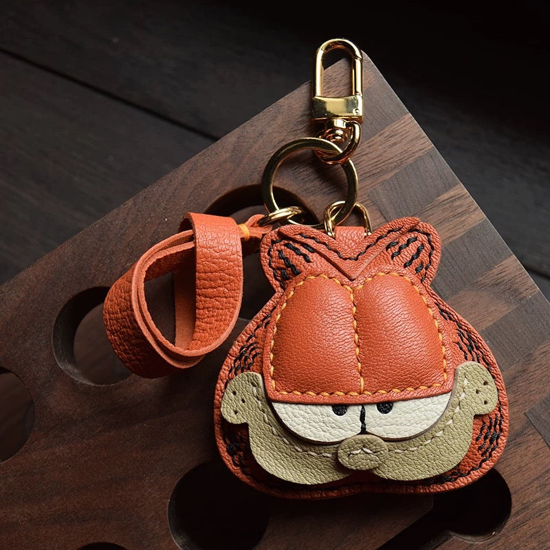 【SuperHold 】 Cartoon Orange Cat Fur Leather Car Keychain Pendant Handmade Creative Rearview Mirror Decor Gift for Women