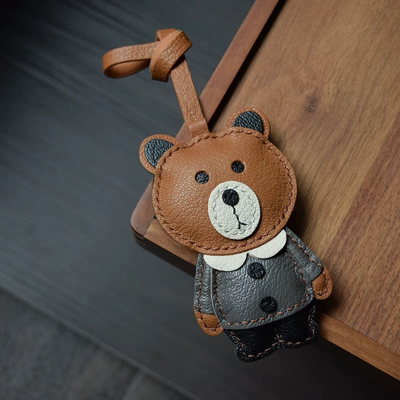 【SuperHold 】Brown bear handmade leather car key bag pendant simple birthday gift cute with decoration female