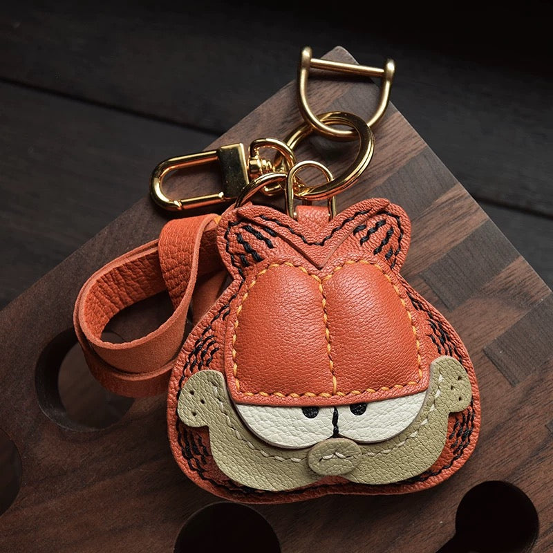 【SuperHold 】 Cartoon Orange Cat Fur Leather Car Keychain Pendant Handmade Creative Rearview Mirror Decor Gift for Women