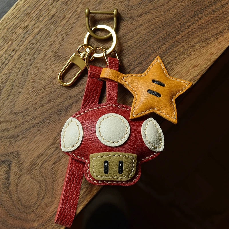 【SuperHold 】Mushroom stars leather handcrafted car key bag pendant cute simple female gift trend